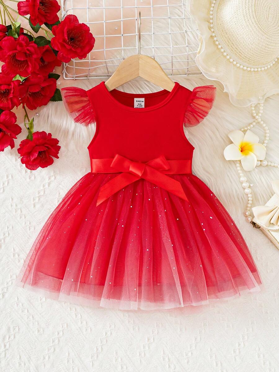 SHEIN Elladie kids Vestido de princesa elegante y vintage de malla roja con volantes para niñas bebés, apto para fiestas, cumpleaños, sesiones de fotos, actividades al aire libre, festivales, primavera/verano - Rojo - Ver 1