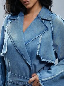 Denimoi Long Line Denim Trench Coat Stylish Simple Casual Daily
