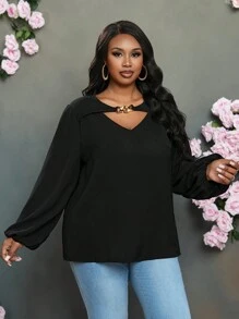 Slaydiva Women Elegant Commuting & Casual Loose Solid Black Hollow V-Neck Metal Decor Lantern Sleeve Blouse, Lightweight Woven Fabric, Plus Size Regular Shirt, Spring & Autumn