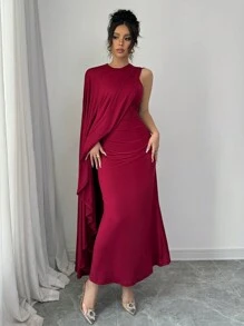 Chiquease Vestido largo elegante de mujer con cuello asimétrico, color vino tinto, vestido maxí color burdeos - Burdeos - Ver 1