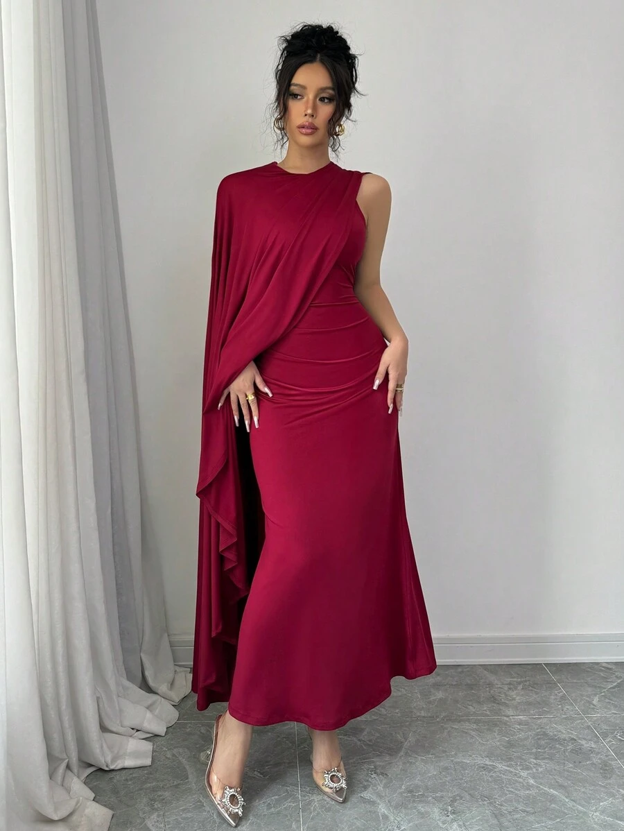Chiquease Vestido largo elegante de mujer con cuello asimétrico, color vino tinto, vestido maxí color burdeos - Burdeos - Ver 1