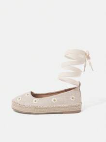 Styleloop Women's Daisy Embroidery Casual Linen Flat Shoes For Christmas And New Year Holiday Vibe Fall And Winter - Apricot - View 3