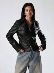 LYSMO Women's Casual Solid Color Zipper Closure Leather Jacket, Autumn - Black - View 4