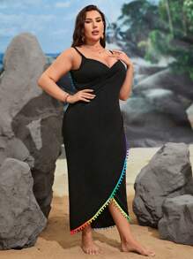 Swim Vcay Summer Beach Plus Pom Pom Trim Wrap Hem Cami Cover Up Dress