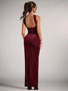 SHEIN BAE Gorgeous And Elegant Velvet Party Banquet Gathering Red Tube TopHalter Long Red Dress,Red Dresschristmas Women Clothes,Elegant Dress Wedding,Halloween Women Outfits,Greek Goddess Dress,Holiday Dress,Christmas Party Dress