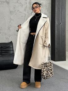 SHEIN EZwear Veste grande taille automne-hiver épaisse et chaude, en suède imitation lapin fourrure, avec col châle oversize et broderie de contraste