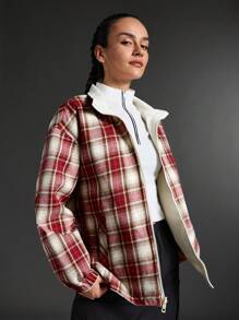 Exploreva Damen Wendbarer Karomuster Stehkragen Locker Lässige Sportjacke, Langarm
