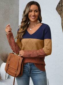 EMERY ROSE Women's Casual Color-Blocking Flounced Sleeves Pullover Sweater, Autumn - Multicolor - View 3