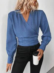 SHEIN LUNE Camisa casual de manga comprida franzida, outono - Azul - Ver 3