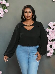 Slaydiva Women Elegant Commuting & Casual Loose Solid Black Hollow V-Neck Metal Decor Lantern Sleeve Blouse, Lightweight Woven Fabric, Plus Size Regular Shirt, Spring & Autumn