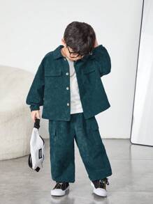 SHEIN 2 件套男童休闲套装：灯芯绒纹理长袖衬衫和口袋装饰长裤，儿童舒适，适合学校、圣诞节、日常、旅行、派对、所有季节 - 墨綠色 - 查看 5