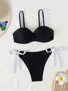 Bikini một mảnh chéo trước màu tương phản thanh lịch cho nữ mùa hè - Đen và trắng - Xem 3
