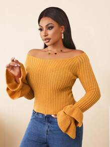 Zolique Blusa feminina de tricô de manga comprida e modelagem flare na cor damasco, estilo sexy e ajustado para ocasiões casuais, ideal para outono/inverno. - Damasco - Ver 5