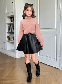 Tween 女童宽松粗针织高领套头毛衣，休闲舒适的外套 - 粉色 - 查看 3
