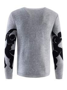 Manfinity Homme Men's V-Neck Long Sleeve Casual Graphic Knitted Sweater, Autumn/Winter - Grey - View 2