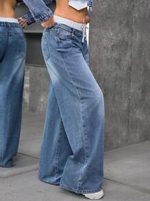 SHEIN Tienermeisje Y2K Blauwe Denim Thermische Gevoerde Kleur Blokkerende Tailleband Wijde Pijpen Broek, Herfst/Winter, Meisjes Herfst En Winterkleding, Coole Outfit/Meisjes Thanksgiving Outfit