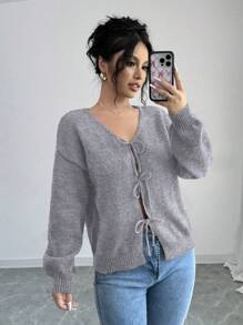 Rafferiza Áo len cardigan dệt kim khoét lỗ buộc dây cho nữ, giản dị và thời trang để mặc hàng ngày - Màu Xám nhạt - Xem 3