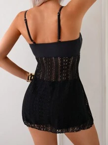 Swim Lushoire Solid Color Jacquard Hem Spaghetti Strap Women's Tank Top And Tankini Set, 2pcs Summer - Black - View 2