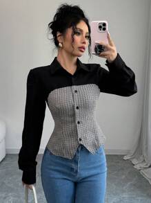 Selianne 女士撞色千鸟格拼接、收腰、纽扣、撞色领子和开衩下摆、办公室装 - 黑色 - 查看 2