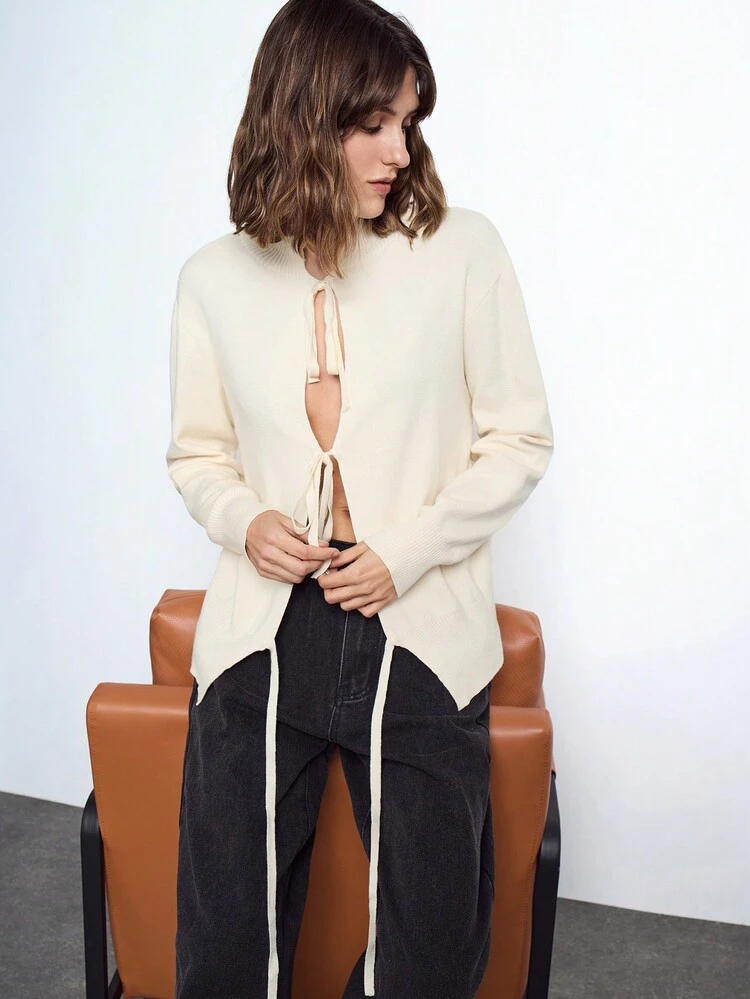 SHEIN Maija Women's Ivory Front Open Bowknot Tie Cardigan, Unique Design For Autumn & Winter, Comfortable, Soft, Reversible, Three Butterfly Decorations, Dropped Shoulder Long Sleeve, Small Stand Collar Knit Sweater