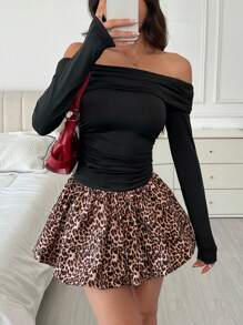 SHEIN EZwear Damen Neuer Stil Off-Shoulder Strick-Minikleid mit Schwarz/Leopard Muster Patchwork und Raffungen - Schwarz - Übersicht 1