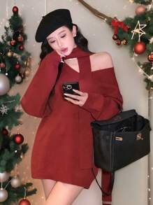 DAZY 女士情人节/圣诞节系带红色针织高领毛衣，秋季服装，新年 - 紅色 - 查看 11