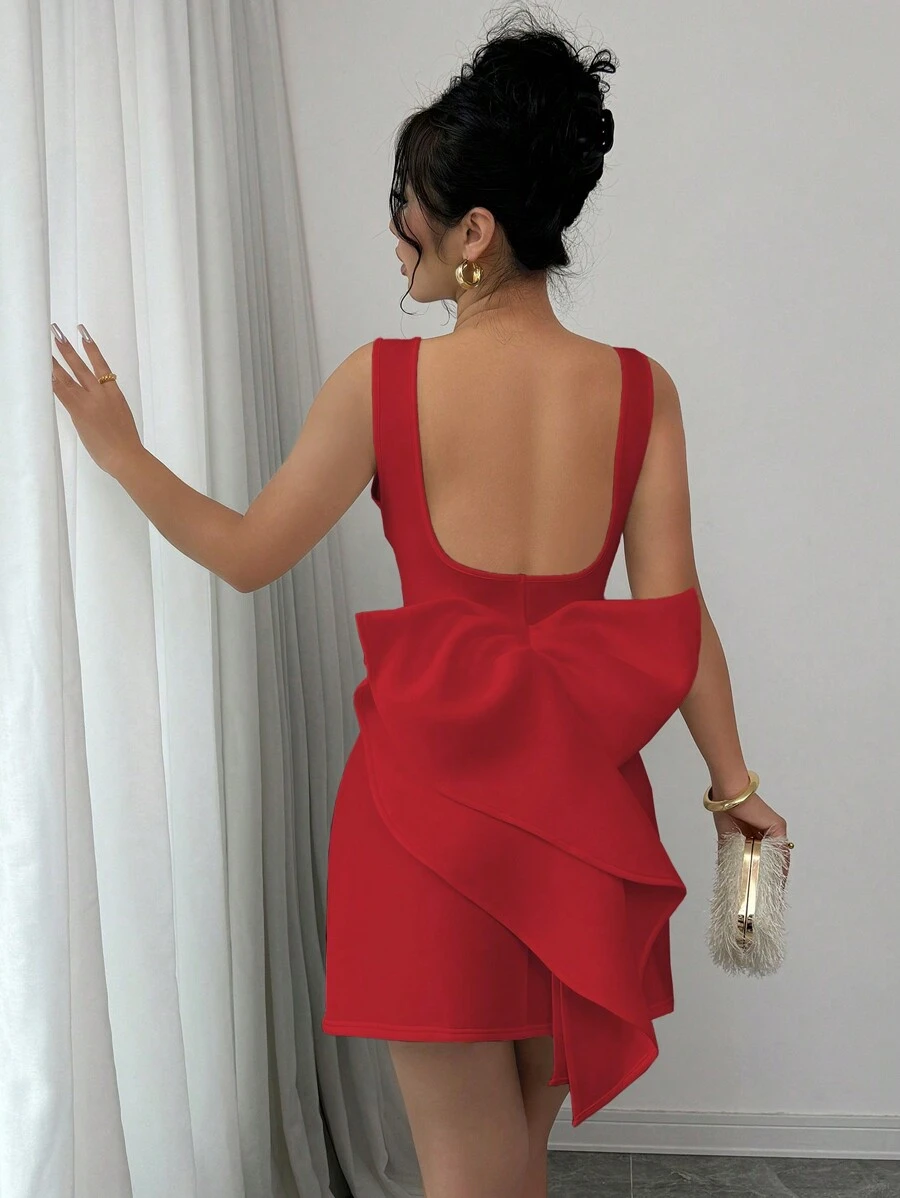 Selianne Elegant Women's Backless Big Bow Boat Neck Sleeveless Mini Dress - Red - View 1