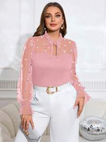 SHEIN Clasi Plus Size Women's Elegant Faux Pearl Decor Mesh Flounced Tie-Neck Blouse - Pink - View 1