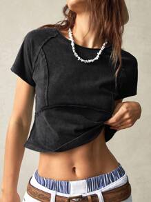 Bohemela Holiday Solid Color Knit Structual Design Round Neck Raglan Sleeve Short Sleeve Fitted Women T-Shirt