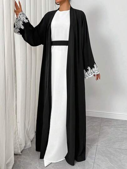 女士纯色拼布长袖休闲长袍开衫