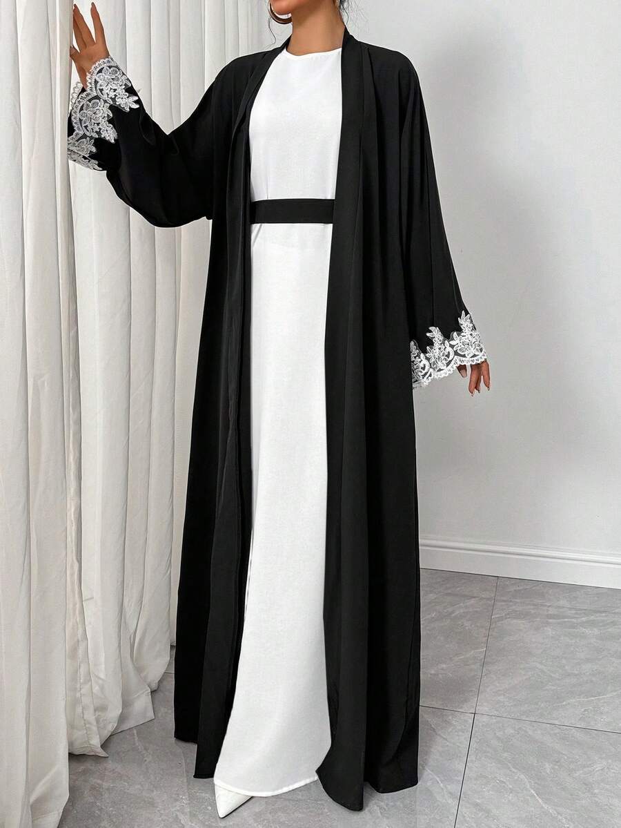 Women Solid Color Patchwork Long Sleeve Casual Abaya Open Cardigan
