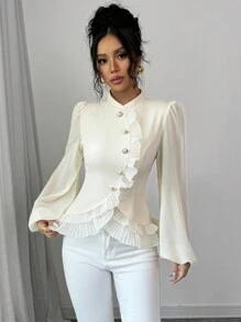 Elenzga Damen Bluse mit Knopfleiste, Rüschenkragen und Langarm, minimalistisch, für den Alltag