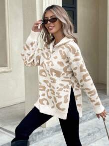 SHEIN Frenchy Áo len dệt kim họa tiết da báo dành cho nữ, giản dị và thời trang để mặc hàng ngày - Nhiều màu - Xem 4