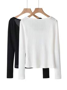 SHEIN BASICS 2pcs/Set Casual Solid Color Knitted Crew Neck Long Sleeve Fitted Women T-Shirts