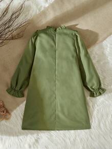 SHEIN 1pc Tween Girls Ruffle Bowknot Stand Collar Long Sleeve Green Ruffled Dress - Olive Green - View 2
