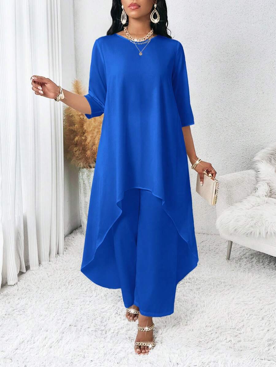 SHEIN Lady 四季秋季女装秋装白色长袖不对称两件套女秋季套装女套装女装套装女装套装女两件套秋季两件套返校节秋季女装秋装白色女装套装女装套装套装两件套西装婚礼活动礼服女两件套 - 寶藍色 - 查看 1