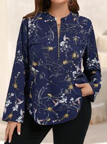 女士休闲长袖花卉印花衬衫，带前口袋，适合秋冬季 - 藍色 - 查看 4