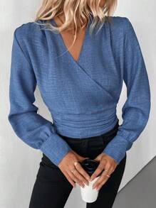 SHEIN LUNE Camisa casual de manga comprida franzida, outono - Azul - Ver 4