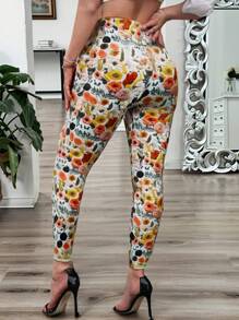 SHEIN LUNE Plus Size Women Printed Skinny Leggings Fall Cloth For Women - Multicolor - View 2