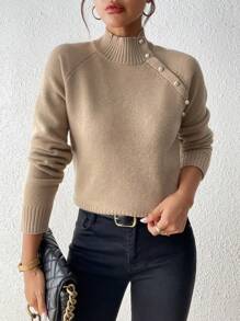 Chiquease Damen Pullover mit hohem Kragen, schräger Kante und Metallknöpfen, Strickpullover für Herbst und Winter