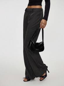 Forever 21 Quần âu kẻ sọc cạp thấp không đối xứng bó sát dáng loe thời trang thu đông cho nữ - Xám - Xem 5