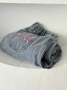 Dazy Kids Tween Girl Button Bow Embroidery Pocket Zipper Straight Leg Denim Jeans,Back To School Clothes - Light Wash - View 10