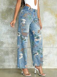 Quần Jeans Rách In Hoa Phong Cách Đường Phố Túi Cũ - Màu xanh lam - Xem 5