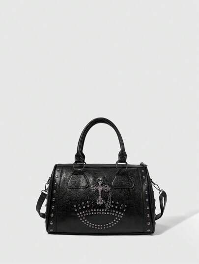 Grunge Punk New Punk Style Women Shoulder Bag, Rivet Embellished Lady Casual Tote Handbag Crossbody Bag