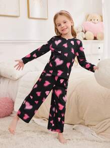 SHEIN 2pcs/Set Minimalist Heart Print Casual Round Neck Long Sleeve Loose & Comfy Pajama Set For Young Girls, Valentine's Day Sibling Outfits (Sold Separately) - Black - View 6