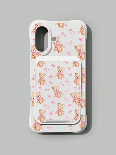 Kawaii 1 pièce Étui de téléphone à fente pour carte magnétique avec design d'ours en peluche avec nœud rose, compatible avec iPhone 11 12 13 14 15 Pro Max 16 16Pro 16Plus 16ProMax