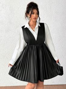 Flirla 大码女式褶皱深 V 领 PU 皮革连衣裙