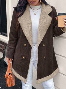SHEIN LUNE Plus Size Women Casual Composite Coat Thermal Lined Solid Color Simple Fashion Everyday Wear, Suitable For Winter New Years Winter Clothes Women Raves Thanksgiving Women - Coffee Brown - View 4