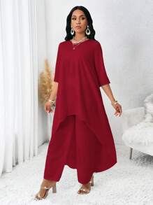 SHEIN Lady Conjunto de dos piezas para mujer estilo otoñal de manga larga asimétrico en color blanco