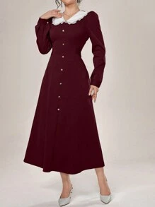 Modelyn 撞色蕾丝拼布彼得潘领长袖连衣裙酒红色长款女士装长款晚礼服 - 酒紅色 - 查看 7